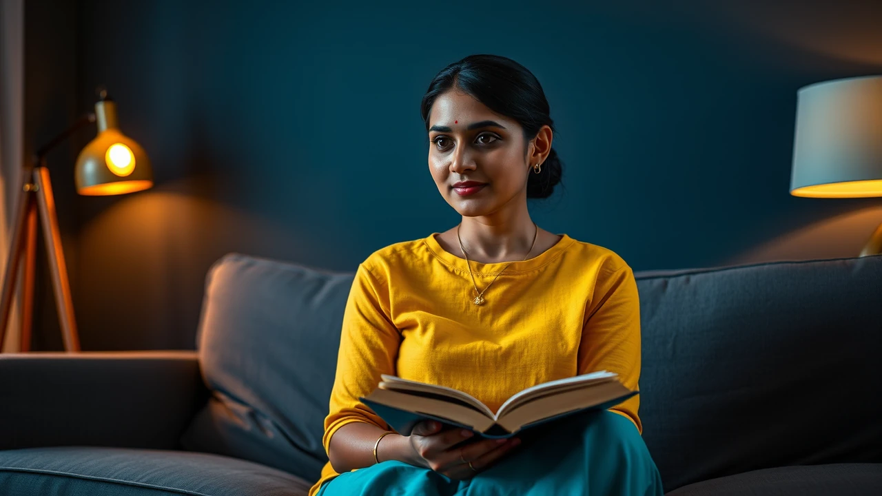 Portrait of an Indian woman in her late thirties with her hair in a low bun, wearing a plain unprinted mustard cotton top, seated on a grey sofa under a warm reading lamp in the evening, soft light from the left on her face and a dark blue-grey wall behind her, seen in three-quarter view at eye level, a thick closed hardback book resting on her knees and both hands folded on its cover