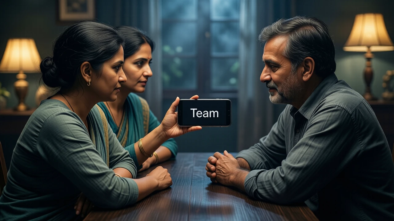 Two Indian women in their thirties and one Indian man in his forties, all in plain unprinted cotton clothes, seen from the side around a dark wooden table in a lamp-lit room in the evening, one woman holding out an Android phone toward the other two; the screen is plain black edge to edge with the single large word "Team" in white
