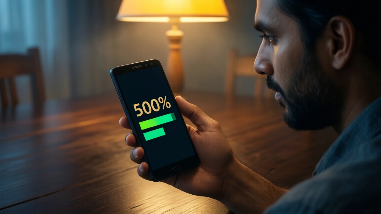 An Indian man seen from the side at a dark wooden dining table under a warm lamp, looking at an Android phone held in his own left hand at chest height; the near-black screen shows the large text "500%" in gold above two short green bars of different lengths