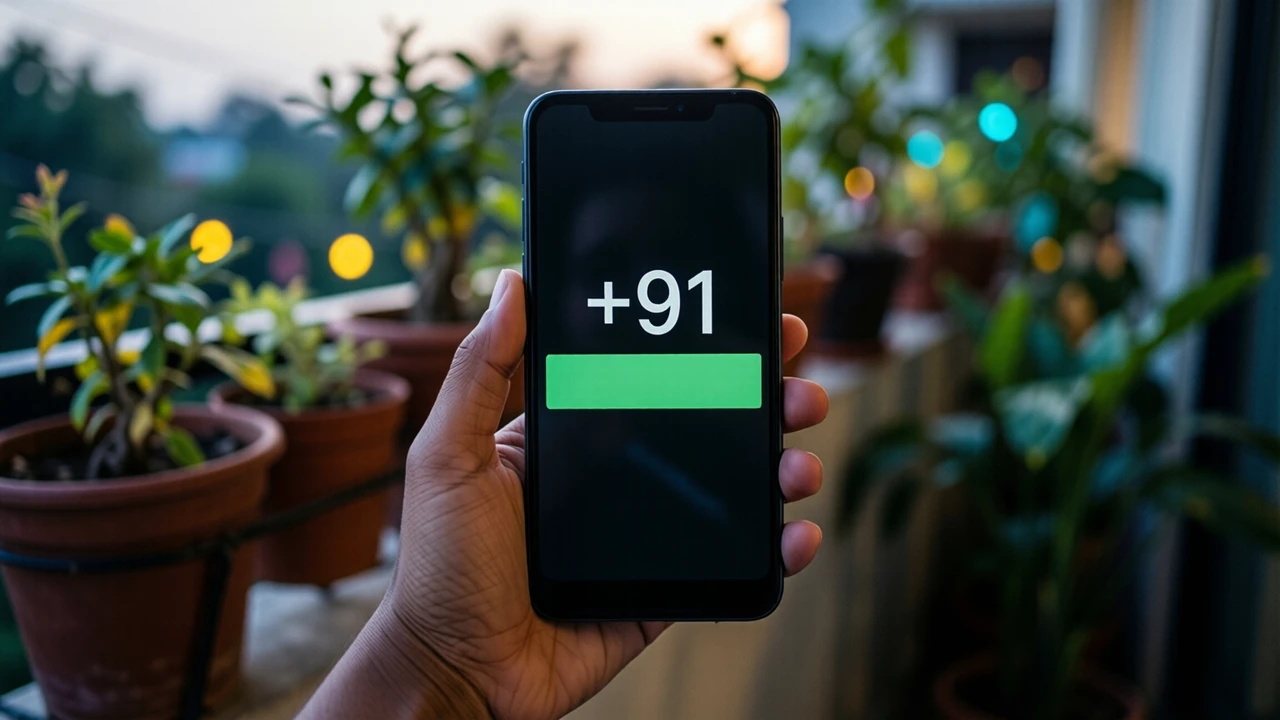 Close view of an Indian woman's own left hand holding an Android phone upright on a balcony at dusk, seen from the side, potted plants blurred far behind, only one phone in the picture; the screen is plain black edge to edge with the large text "+91" in white above one wide green bar