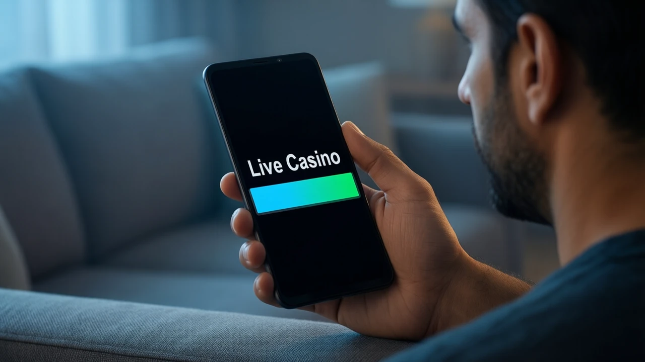 An Indian man in his thirties on a grey sofa in a dim living room in the evening, holding an Android phone in his own right hand at chest height, seen in three-quarter view, its screen angled slightly toward us; the near-black screen shows the two large words "Live Casino" in white above one wide sky-blue to green bar