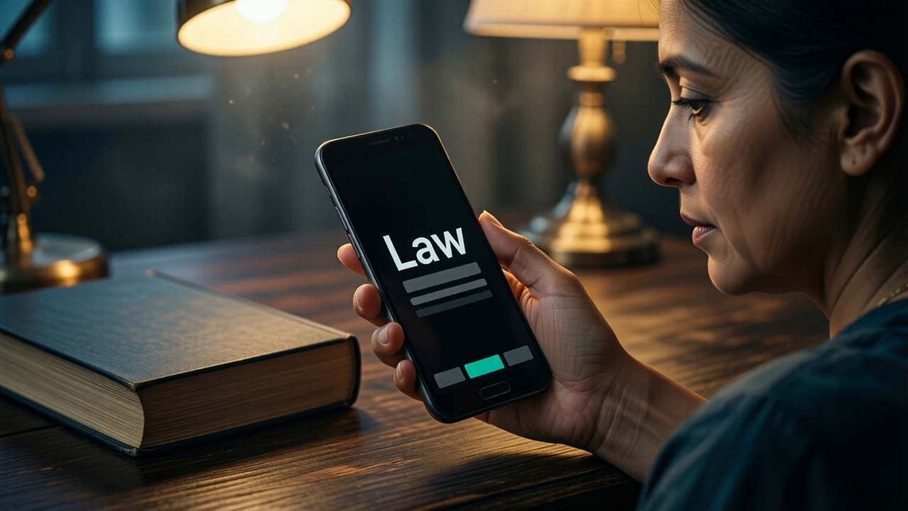 An Indian woman in her forties seen in three-quarter view at a dark wooden desk under a warm lamp in the evening, a closed hardback book beside her, looking down at an Android phone held at chest height in her own right hand, its screen angled slightly toward us; the near-black screen shows the single large word "Law" in white above three short grey lines