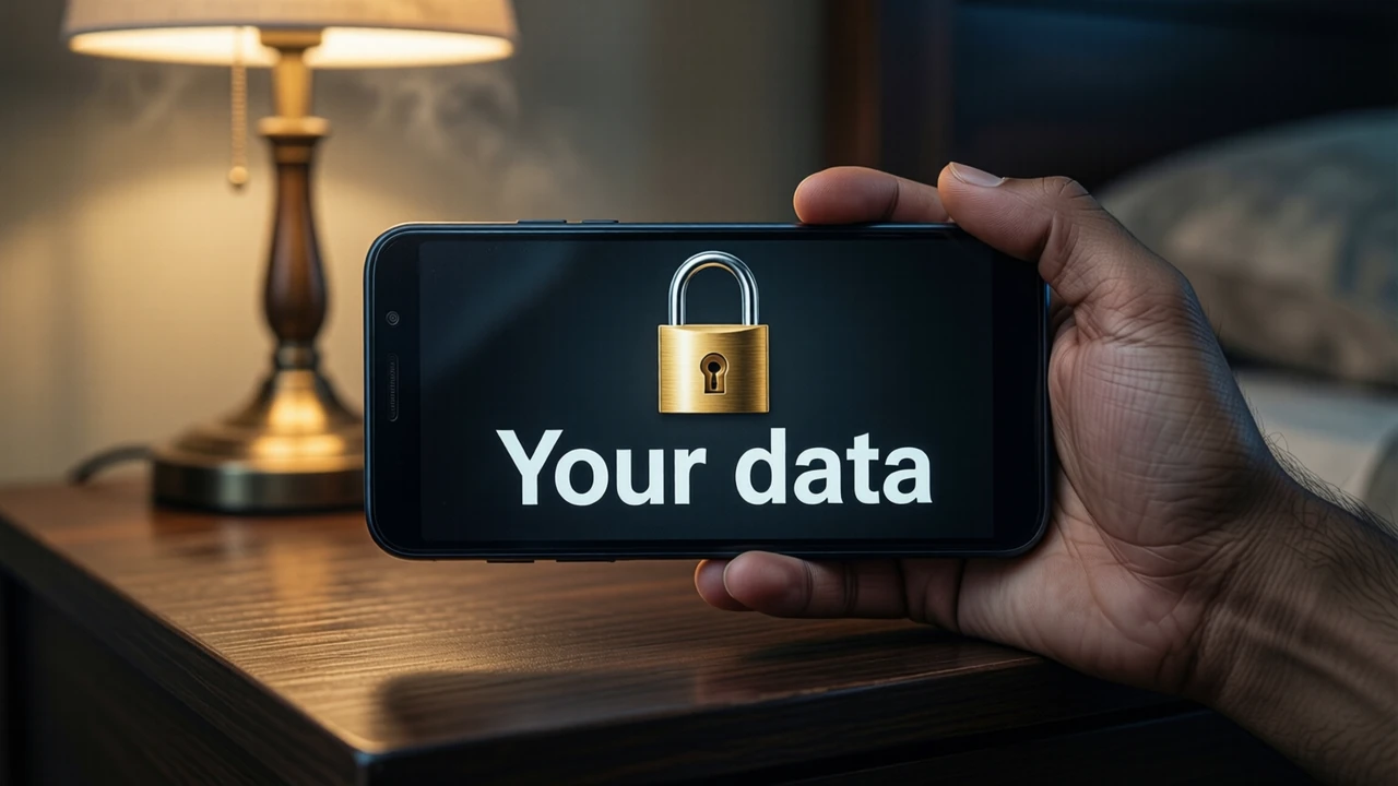 Close view of an Indian man's own right hand holding an Android phone above a dark wooden bedside table under a warm lamp, seen from the side; the near-black screen shows a closed padlock with its shackle locked shut in gold above the two large words "Your data" in white
