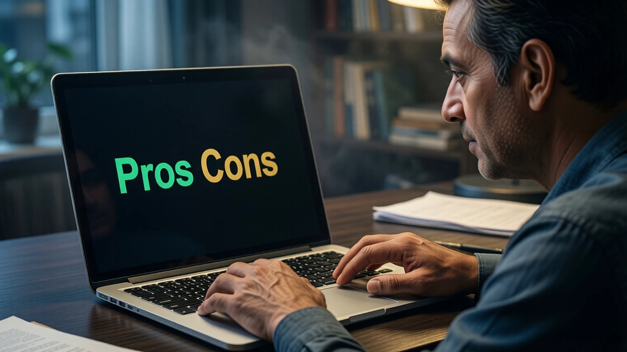 An Indian man in his fifties seen from the side at eye level at a dark desk in a home study in the evening, looking at a plain silver laptop; the laptop screen is near-black edge to edge with the two large words "Pros" in green and "Cons" in gold side by side
