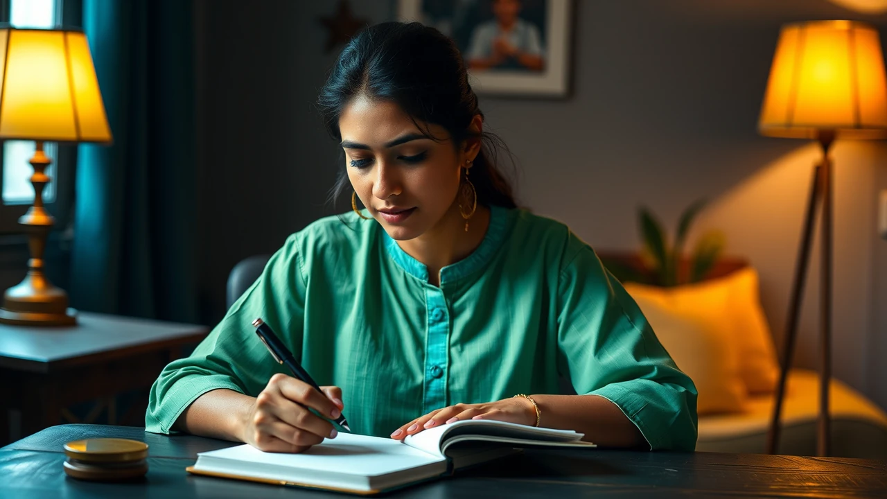 Portrait of an Indian woman in her early thirties in a plain unprinted teal cotton kurta, seated at a dark slate desk in a lamp-lit room in the evening, warm light from the left, seen in three-quarter view at eye level, writing with a pen in her own right hand in a paper notebook open in front of her