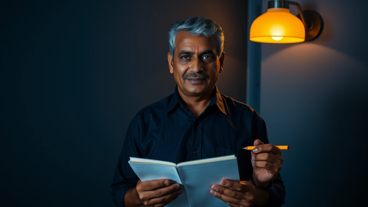 Portrait of an Indian man in his forties with short greying hair in a plain unprinted navy shirt, standing against a dark blue-grey wall in a dim flat at dusk, a warm lamp lighting him from the right, seen in three-quarter view at eye level, a paper ledger with ruled columns held open in his own left hand and a pencil in the right