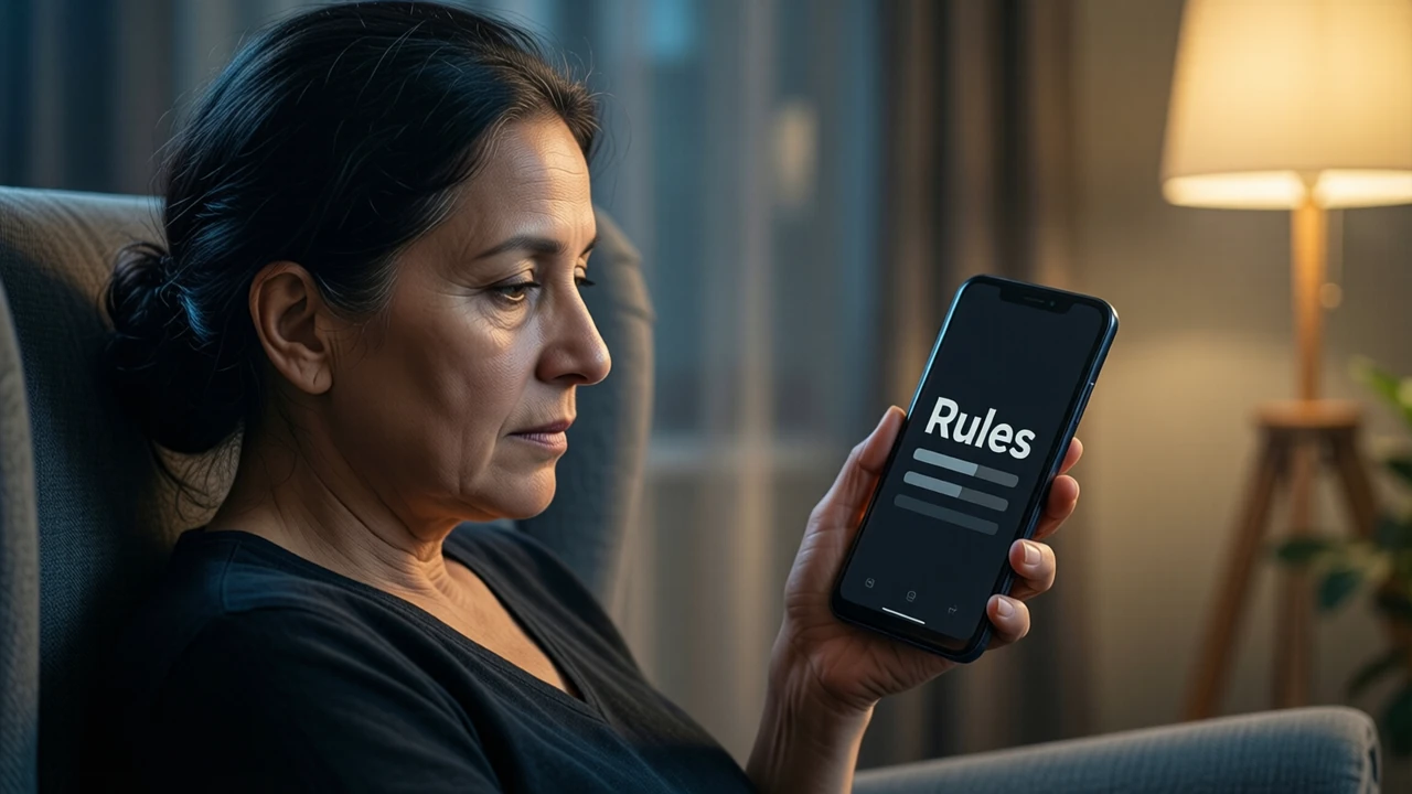 An Indian woman in her fifties seen in three-quarter view on a grey armchair in a lamp-lit room, looking down at an Android phone held at chest height in her own left hand, its screen angled slightly toward us; the near-black screen shows the single large word "Rules" in white above three short grey lines