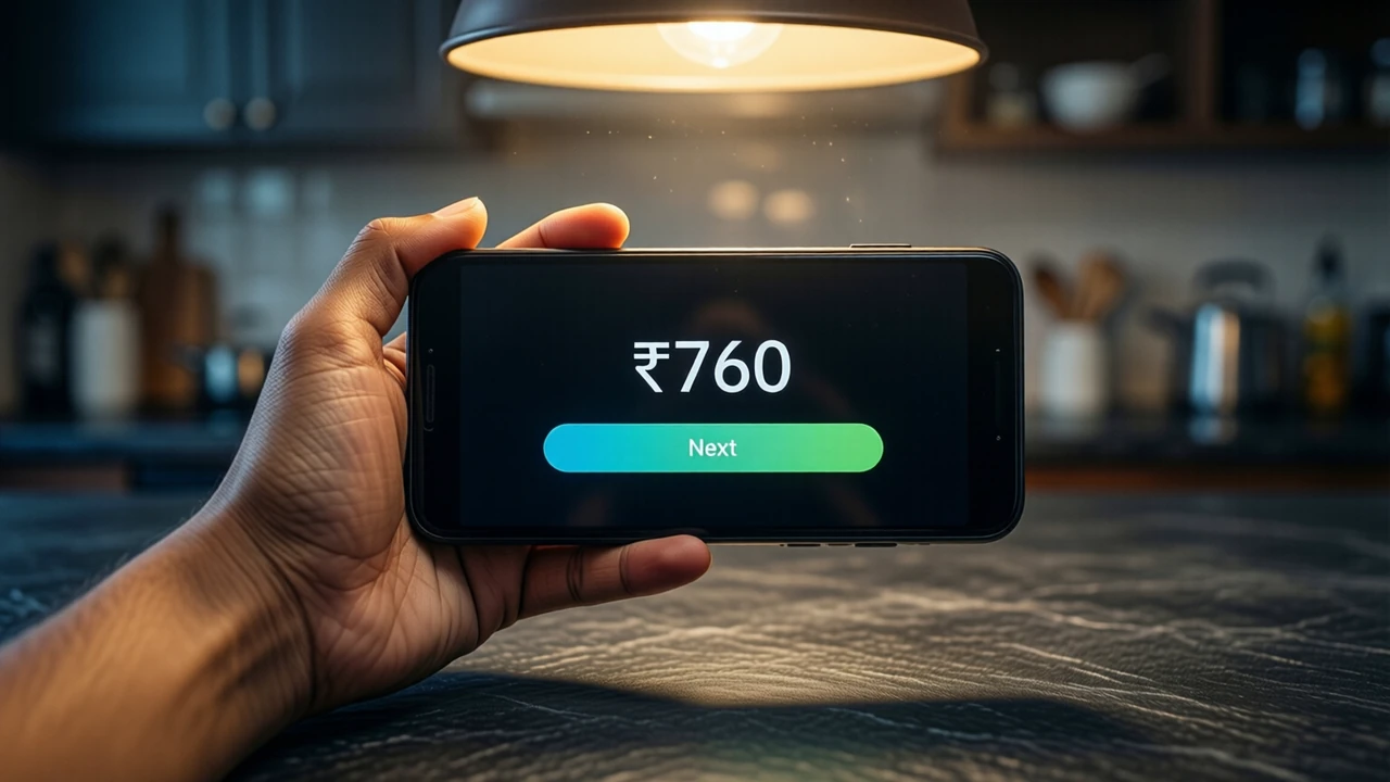 Close view of an Indian woman's own left hand holding an Android phone above a dark slate kitchen counter under a warm pendant lamp, seen from slightly above; the near-black screen shows only the amount "₹760" in large white type and one wide green button with the word "Next"
